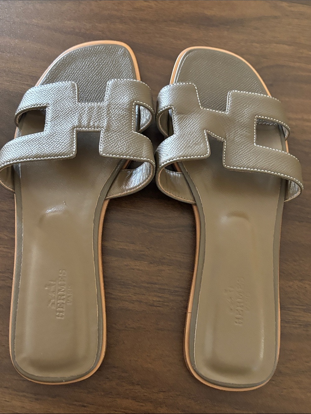 Hermes-style Olive Green Leather Slide Sandals